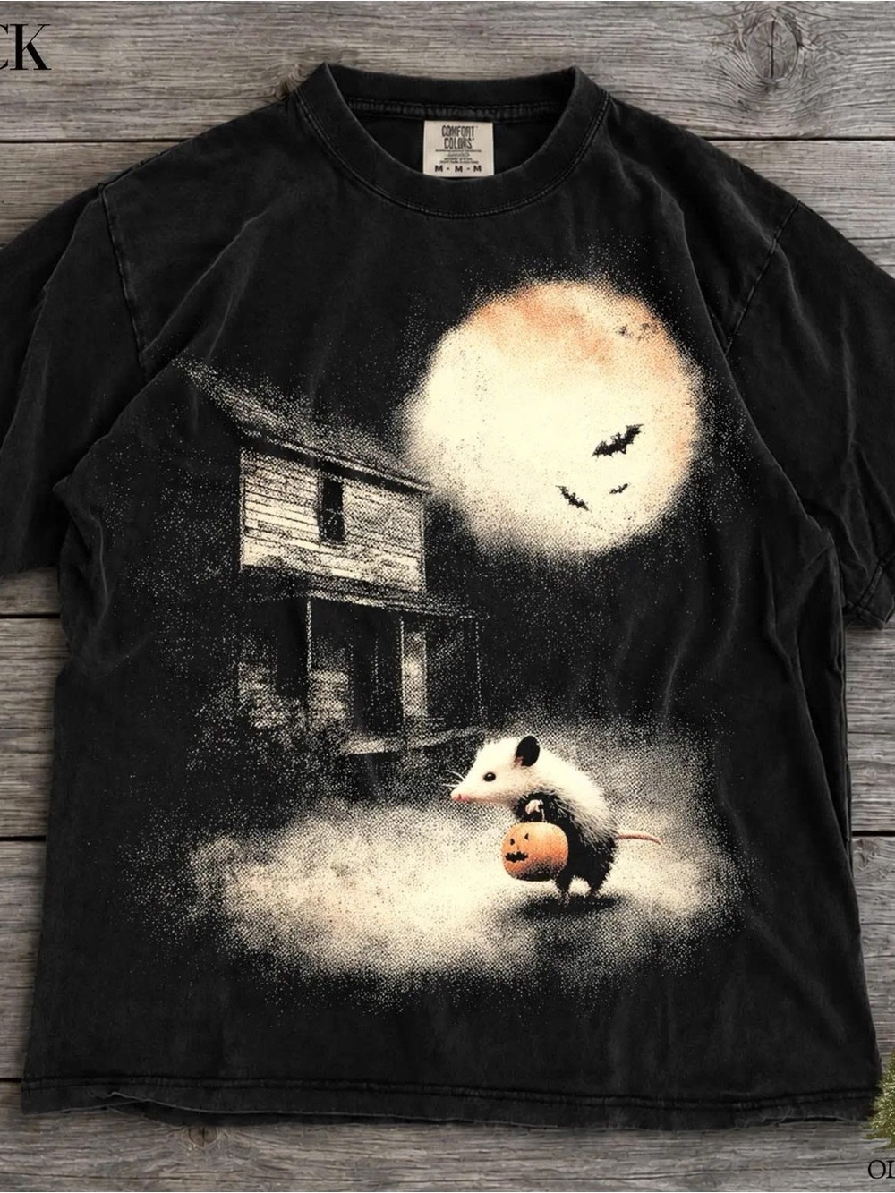 Black Short-Sleeve Tee with Halloween Possum Graphic